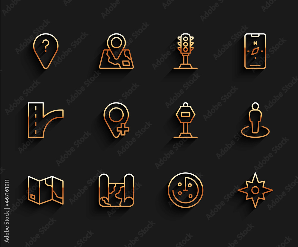 Set line Folded map, Unknown route point, Radar with targets on monitor, Wind rose, Location, person and Stop sign icon. Vector