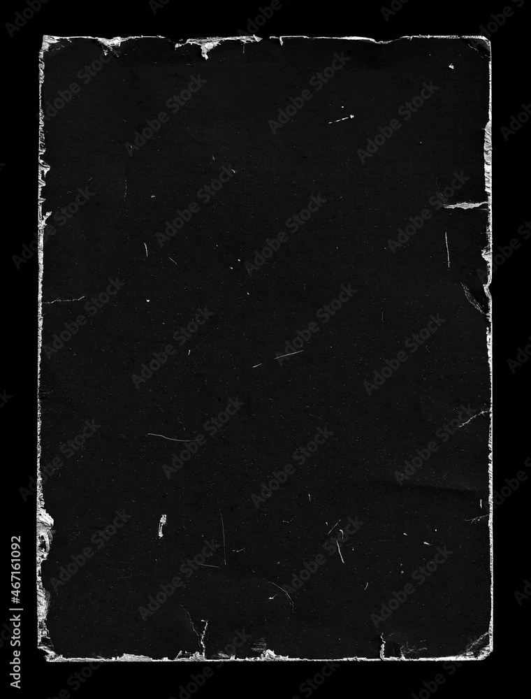 Old Black Empty Aged Damaged Paper Poster Cardboard Photo Card. Rough  Grunge Shabby Scratched Torn Ripped Texture. Distressed Overlay Surface for  Collage. High Quality. Stock Photo