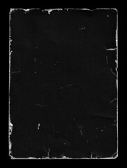 Old Black Empty Aged Damaged Paper Poster Cardboard Photo Card. Rough Grunge Shabby Scratched Torn Ripped Texture. Distressed Overlay Surface for Collage. High Quality.