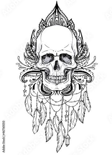 Human Skull and Lotus over Mandala inspired Sacred Geometry. Ayurveda symbol ...