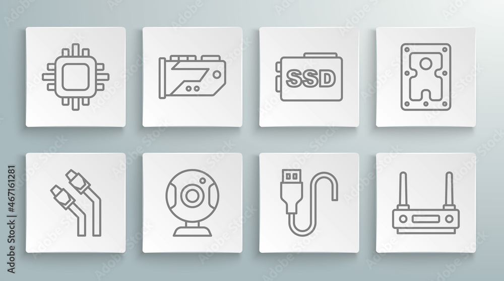 Set line LAN cable network internet, Video graphic card, Web camera, USB cord, Router and wi-fi signal, SSD, Hard disk drive HDD and Processor with CPU icon. Vector Set line LAN cable network internet, Video graphic card, Web camera, USB cord, Router and wi-fi signal, SSD, Hard disk drive HDD and Processor with CPU icon. Vector