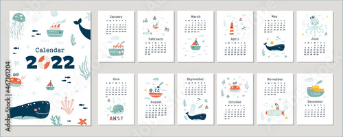 Calendar 2022 with marine animal. Hand drawn vector