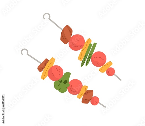 Vegetable and meat kebab on skewer. Grilled BBQ food with veggies and pork. Roasted cherry tomatoes, asparagus, broccoli and lamb on metal stick. Flat vector illustration isolated on white background