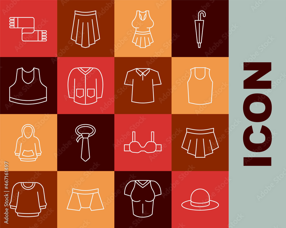 Set line Man hat, Skirt, Undershirt, Sweater, Winter scarf and Shirt icon. Vector Set line Man hat, Skirt, Undershirt, Sweater, Winter scarf and Shirt icon. Vector