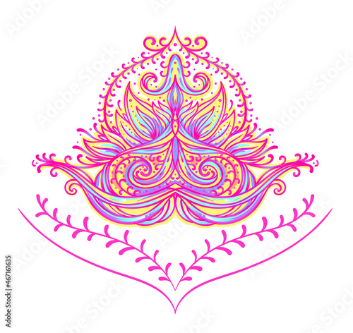 Stretch and Strength. Yoga card design. Colorful template for spiritual retreat or yoga studio. Ornamental business cards, oriental pattern. Vector illustration