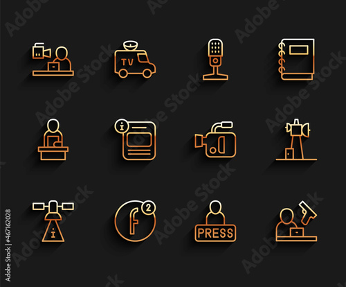 Set line Satellite, Create account, Breaking news, Journalist, Crime, Information, Antenna and Cinema camera icon. Vector