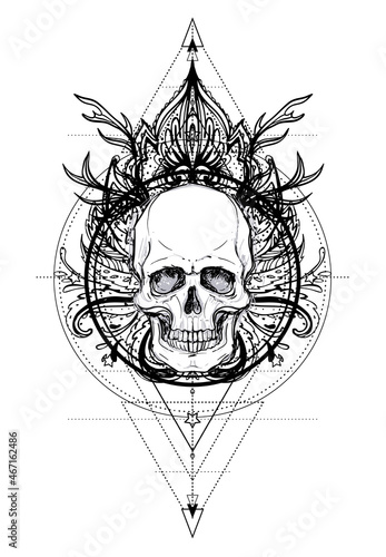 Human Skull and Lotus over Mandala inspired Sacred Geometry. Ayurveda symbol ...