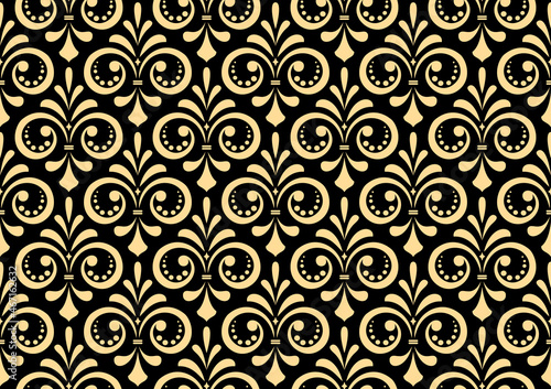 Wallpaper in the style of Baroque. Seamless vector background. Gold and black floral ornament. Graphic pattern for fabric, wallpaper, packaging. Ornate Damask flower ornament