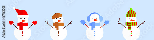 Set of snowmen in colorful hats and scarves on a blue background