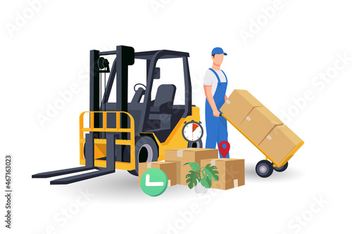 Delivery man with a box and white Forklift Truck. Vector illustration in flat style