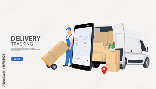 Online order tracking or freight delivery service transportation vector, flat cartoon truck automobile with warehouse parcel packages and cell phone