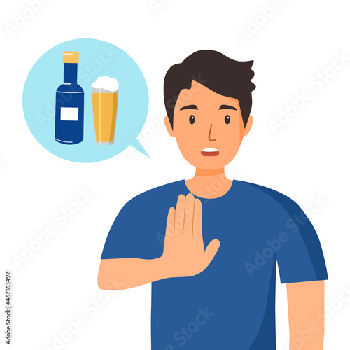 Man refused drinking alcohol in flat design. Stop drinking beer for good health.