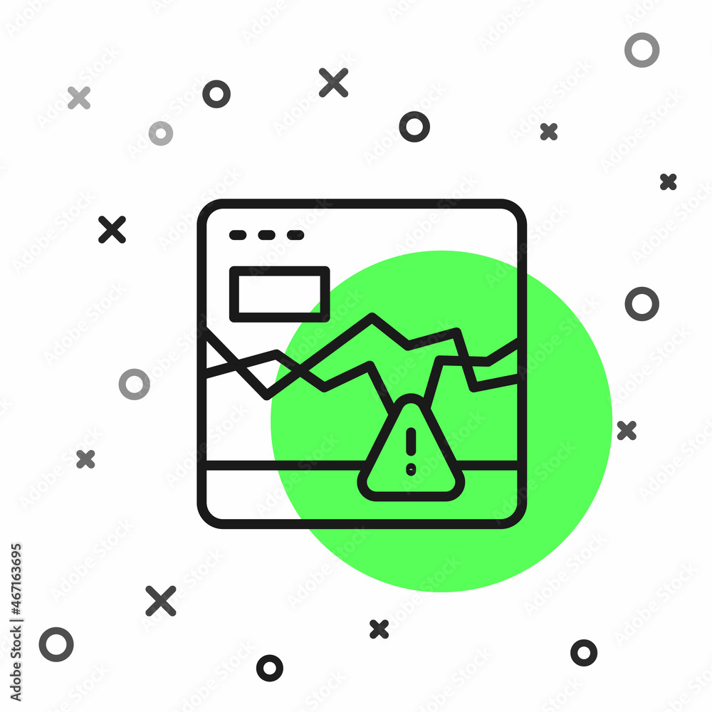 Black line Website with failure stocks market icon isolated on white background. Monitor with stock charts arrow on screen. Vector Black line Website with failure stocks market icon isolated on white background. Monitor with stock charts arrow on screen. Vector