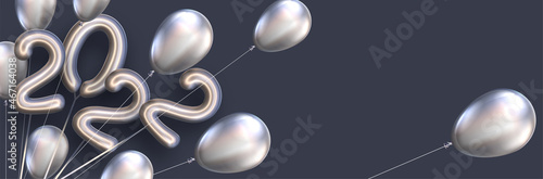 Bundle of 2022 with silver balloons on grey background.