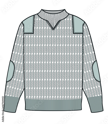 Sweater vector flat sketch, knitting, men's cardigan Technical drawing APPAREL template, knitted garments