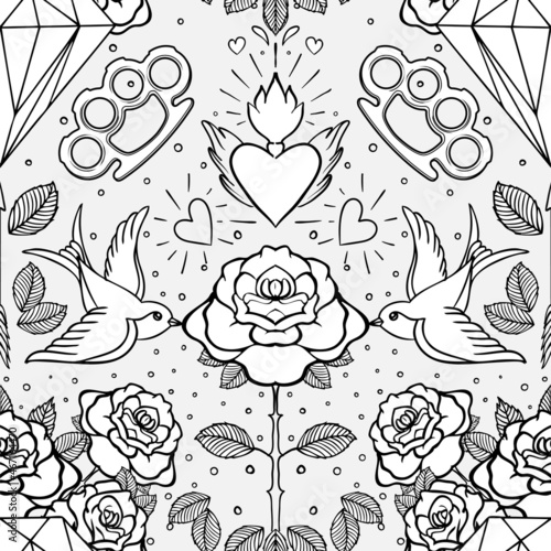 Old school tattoo style seamless pattern. Classic vector tattoo doodle elements: flower, sacred heart, diamond, swallow, brass knuckles. Traditional Tattooing inspired. Wrapping paper, textile.