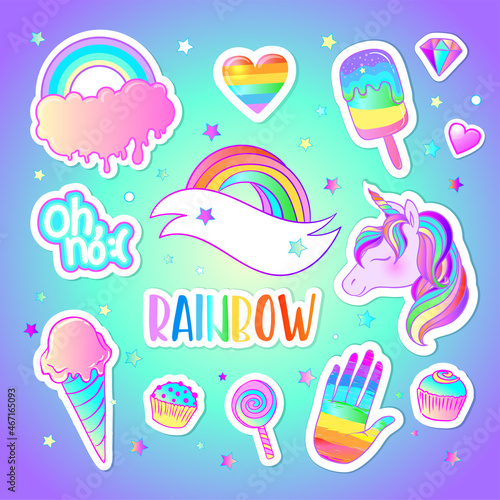 Colorful sticker set: candies, sweets, rainbow, . Vector illustration. Stickers, pins, patches. Halloween pastel colors. Cute gothic style.