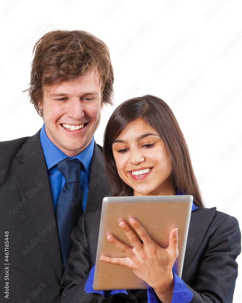 Two businesspeople looking on a touchpad - isolated Two businesspeople looking on a touchpad - isolated