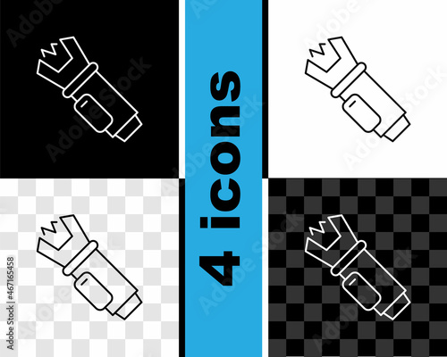 Set line Police electric shocker icon isolated on black and white, transparent background. Shocker for protection. Taser is an electric weapon. Vector
