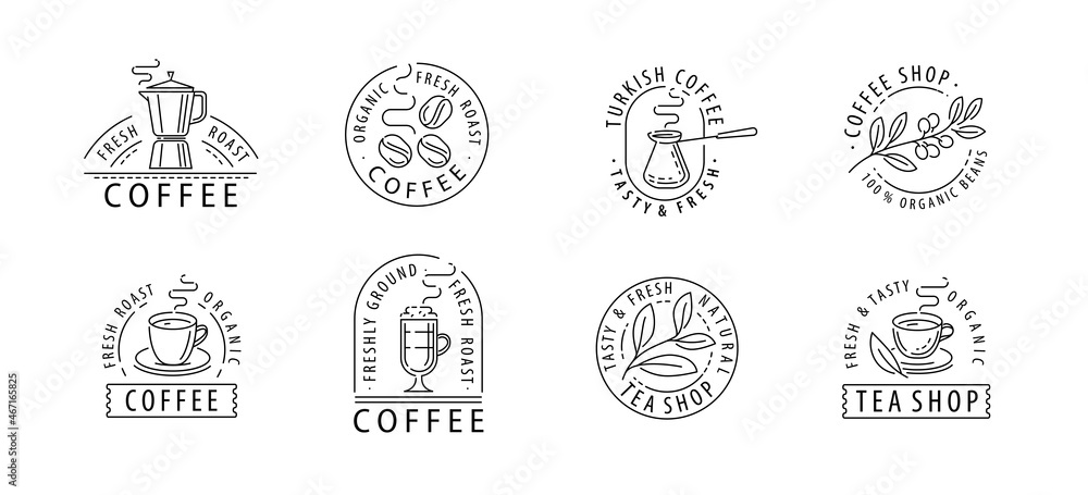 Coffee set of labels. Design elements or restaurant menu, cafe. Vector illustration in graphic linear style Coffee set of labels. Design elements or restaurant menu, cafe. Vector illustration in graphic linear style