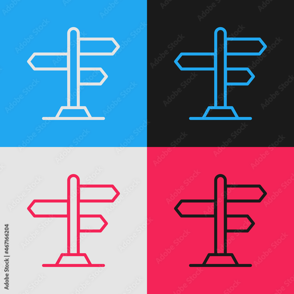Pop art line Road traffic sign. Signpost icon isolated on color background. Pointer symbol. Street information sign. Direction sign. Vector Pop art line Road traffic sign. Signpost icon isolated on color background. Pointer symbol. Street information sign. Direction sign. Vector
