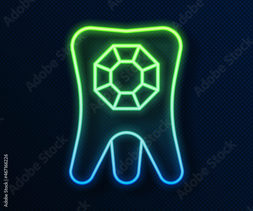 Glowing neon line Tooth with diamond icon isolated on blue background. Vector