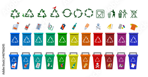 Set of recycle icons. Colorful symbols. Trash collection, segregation and recycling, garbage separated into different types and collected into waste containers. Different type of waste in each bin.