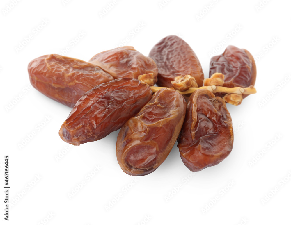 Sweet dates on branch against white background. Dried fruit as healthy snack Sweet dates on branch against white background. Dried fruit as healthy snack