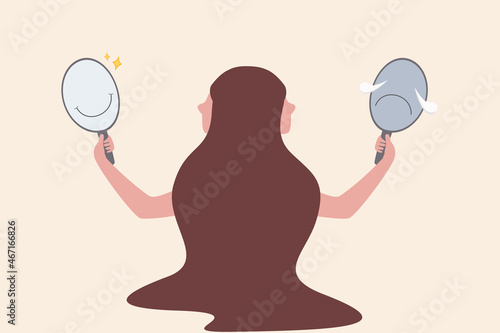 Bipolar disorder is mental illness, mixed emotion between happiness and sadness express conflict personality, patient need regular psychology therapy, woman hold mirrors with happy and sad reflection.