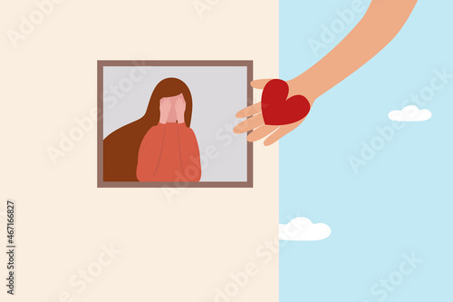 Empathy and compassion bring positive emotion from people suffer depression, calm anxiety and stress, and improve mental health and grief, hand offer heart or help to sad and unhappy woman at window.