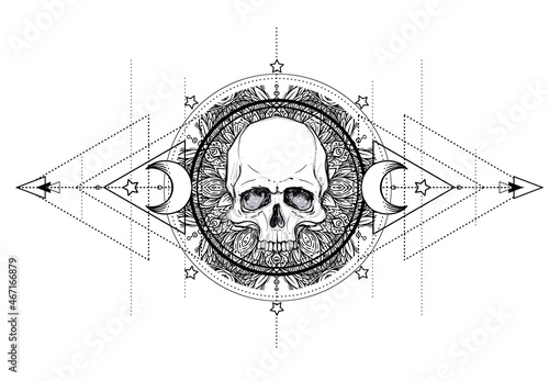 Human Skull and Lotus over Mandala inspired Sacred Geometry. Ayurveda symbol ...