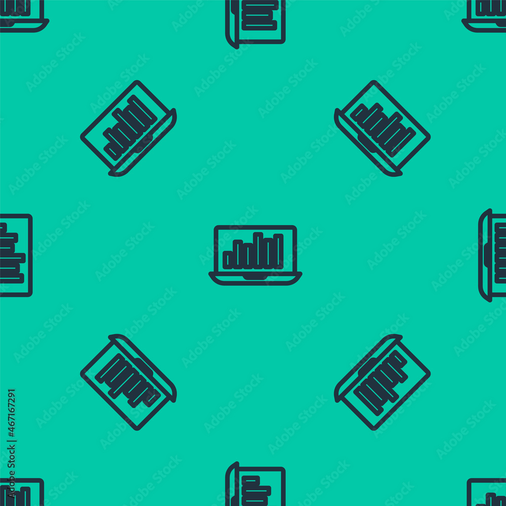 Blue line Laptop with graph chart icon isolated seamless pattern on green background. Report text file icon. Accounting sign. Audit, analysis, planning. Vector Blue line Laptop with graph chart icon isolated seamless pattern on green background. Report text file icon. Accounting sign. Audit, analysis, planning. Vector