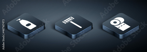Set Isometric Bottle of liquid antibacterial soap, Toilet paper roll and Shaving razor icon. Vector