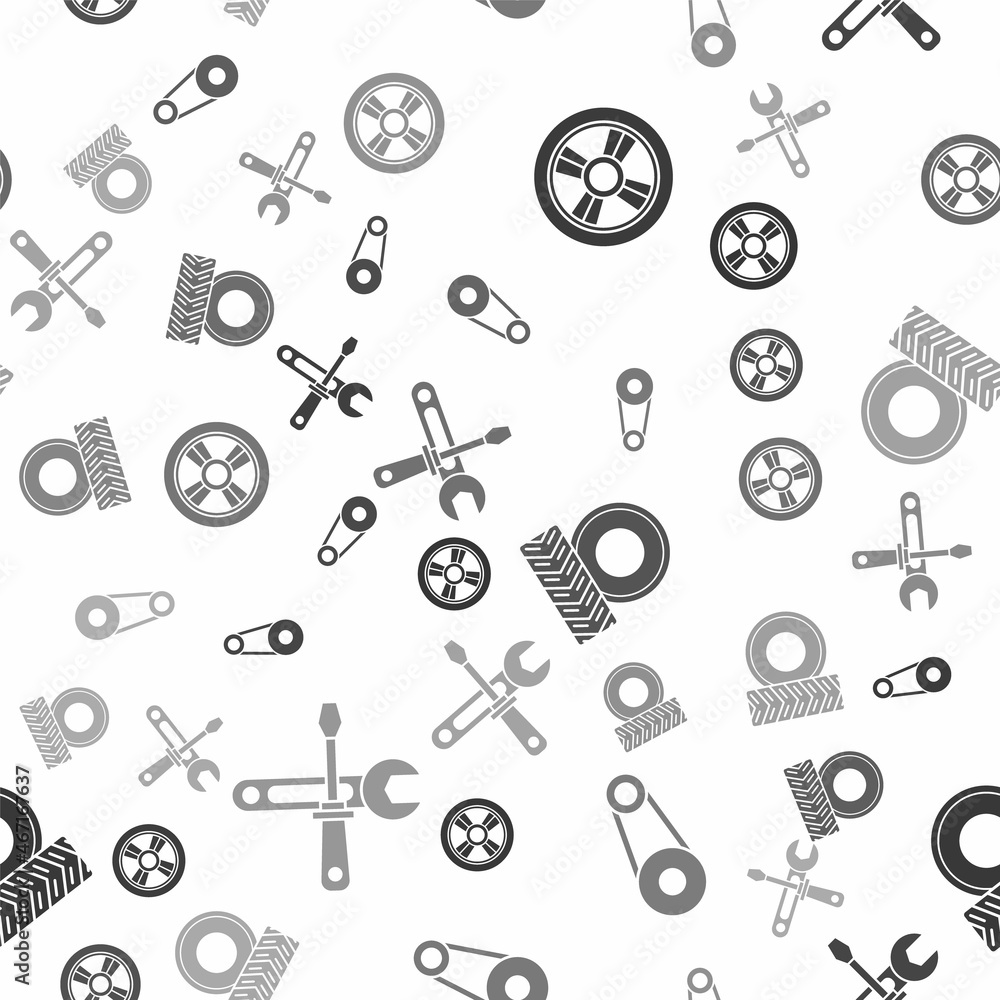 Set Car wheel, Timing belt kit, Car wheel and Screwdriver and wrench tools on seamless pattern. Vector Set Car wheel, Timing belt kit, Car wheel and Screwdriver and wrench tools on seamless pattern. Vector