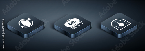 Set Isometric Oil drop, Motor gas gauge and Oil railway cistern icon. Vector