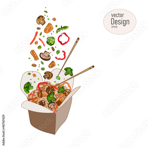 Chinese noodles with vegetables in the box are drawn in a cartoon doodle style. Ingredients, chicken, mushrooms, noodles, dyes, carcle, ballcoli, asparagus fall into the box.Vector design,delivery