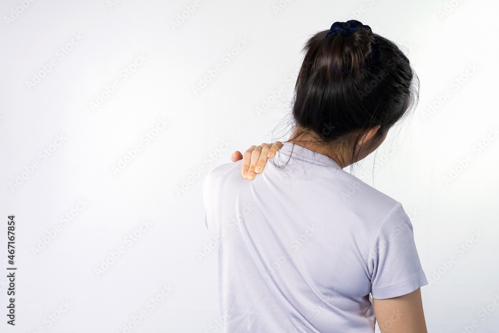 Asian woman with shoulder pain or occipital pain isolated on a white background Asian woman with shoulder pain or occipital pain isolated on a white background