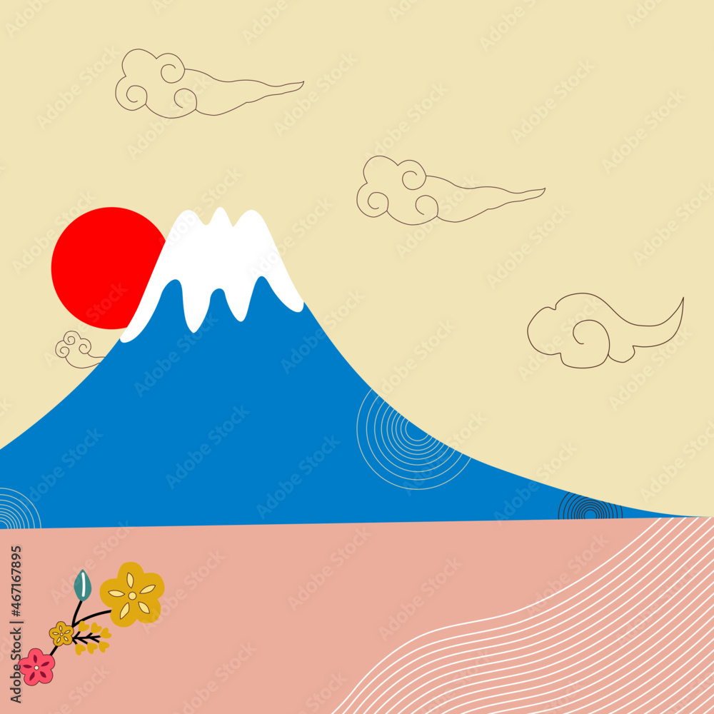 Fuji mountain with red sun. Vector Flat Icon Illustration. japan style