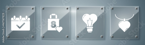 Set Necklace with heart shaped pendant, Heart shape in a light bulb, Shopping bag with heart and Calendar with 8 March. Square glass panels. Vector