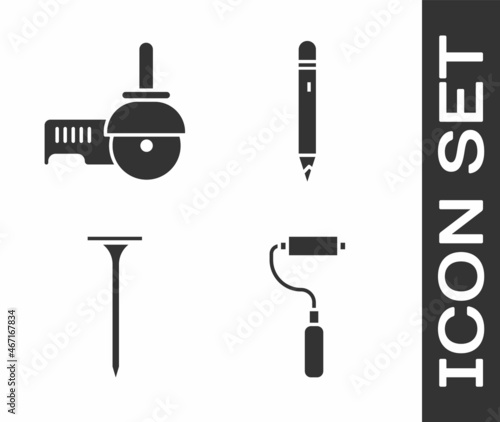 Set Paint roller brush, Angle grinder, Metallic nail and Pencil with eraser icon. Vector