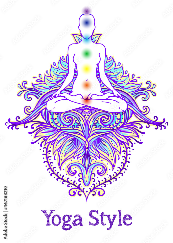 Chakra concept. Inner love, light and peace. Buddha silhouette in lotus  position over colorful ornate mandala. Vector illustration isolated.  Buddhism esoteric motifs. Tattoo, spiritual yoga. - Vector Stock Vector |  Adobe Stock