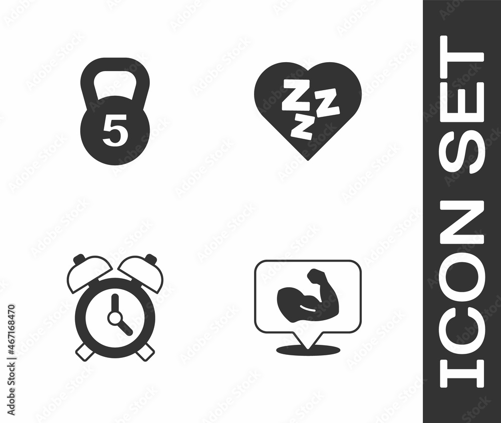 Set Bodybuilder muscle, Weight, Alarm clock and Sleepy icon. Vector Set Bodybuilder muscle, Weight, Alarm clock and Sleepy icon. Vector