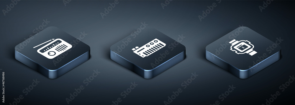 Set Isometric Radio with antenna, Wrist watch and Music synthesizer icon. Vector Set Isometric Radio with antenna, Wrist watch and Music synthesizer icon. Vector