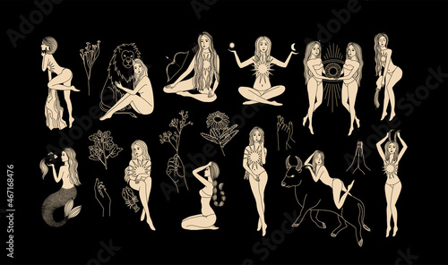 Zodiac signs collection. Mystical silhouettes. Astrological symbols. Illustrations of women. Mysterious images in the starry sky. Mythical characters. The element of the signs of the zodiac. 