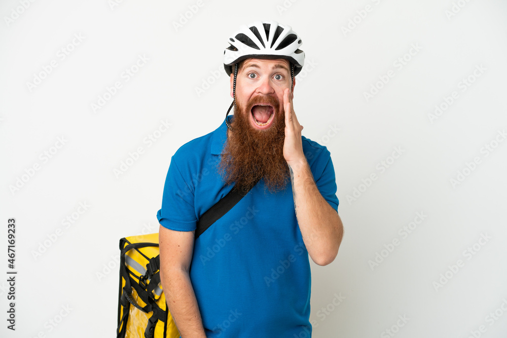 Young reddish caucasian man with thermal backpack isolate don white background with surprise and shocked facial expression Young reddish caucasian man with thermal backpack isolate don white background with surprise and shocked facial expression
