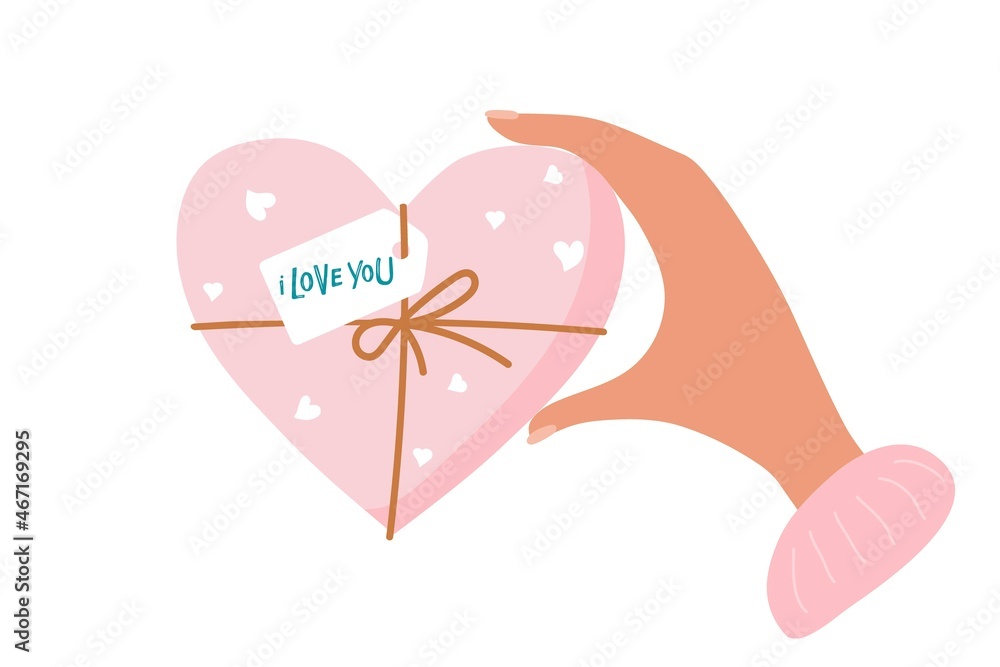 Obraz premium Woman's hand holds pink heart-shaped box with I love you tag. Flat vector isolated. Valentine's Day, Mother's day, Birthday gift box. Holiday celebration,romantic date or anniversary.