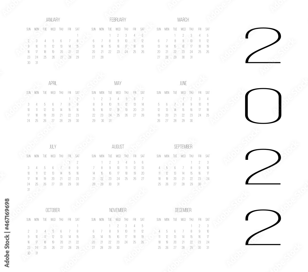 Calendar for 2022, black with vertical text