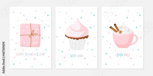Happy Valentine's card set. Pink Template Collection. Flat vector isolated. Romantic minimalist poster for Valentine's Day. Festive congratulations. For poster, card, banner, invitation, greeting card