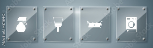 Set Washer, Temperature wash, Rubber cleaner for windows and Water spray bottle. Square glass panels. Vector