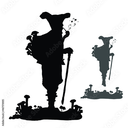 drawing of a vector black silhouette on a white background. an old man in a hat and a cane with a backpack full of mushrooms, walks through the forest and smokes a pipe, releasing magic smoke.  2d art